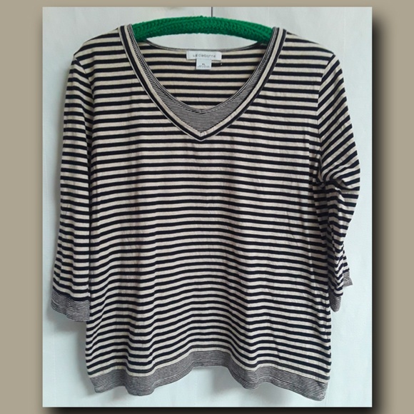 Liz Claiborne Beige & Black Stripe V-Neck T-Shirt XL (T-399) - Picture 1 of 4